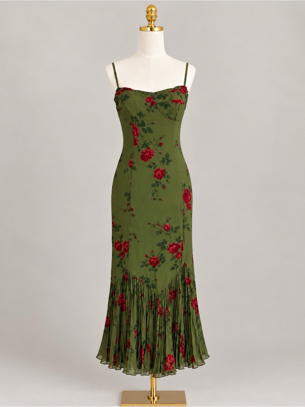 REFORMATION Olive Green Pleated Floral Slip Maxi Dress with Red Rose Print - 6